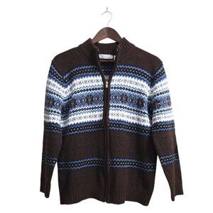 Carolyn Taylor Vintage Brown Fair Isle Acrylic Blend Zip Sweater Sz S